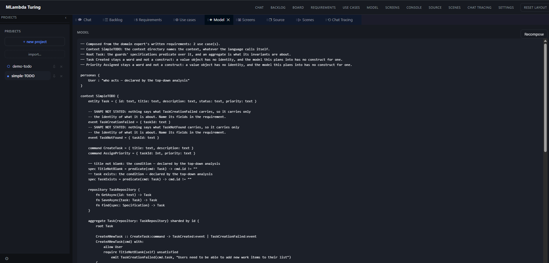 Turing composing a Guimel domain model from requirements: entities, commands, events, specifications and an aggregate whose handler allows, requires and emits.