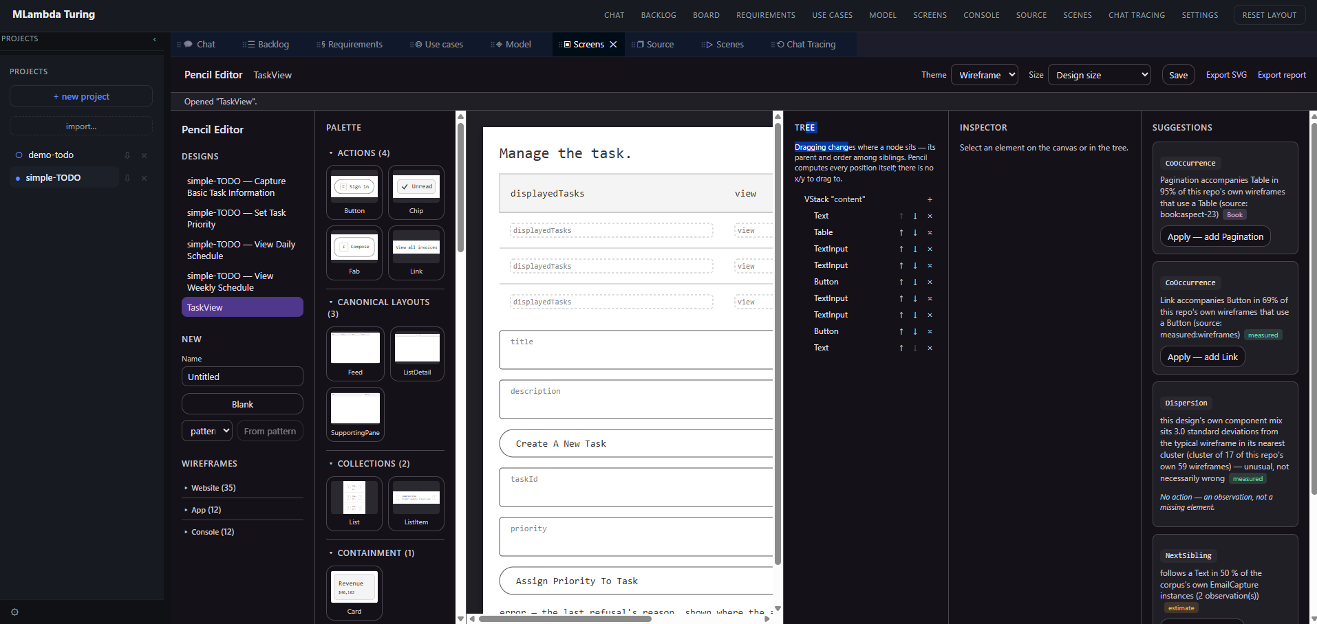 The Pencil screen editor in Turing: a palette of actions, canonical layouts and collections, a wireframe for a task view, a tree, and a suggestions panel citing measured co-occurrence statistics.