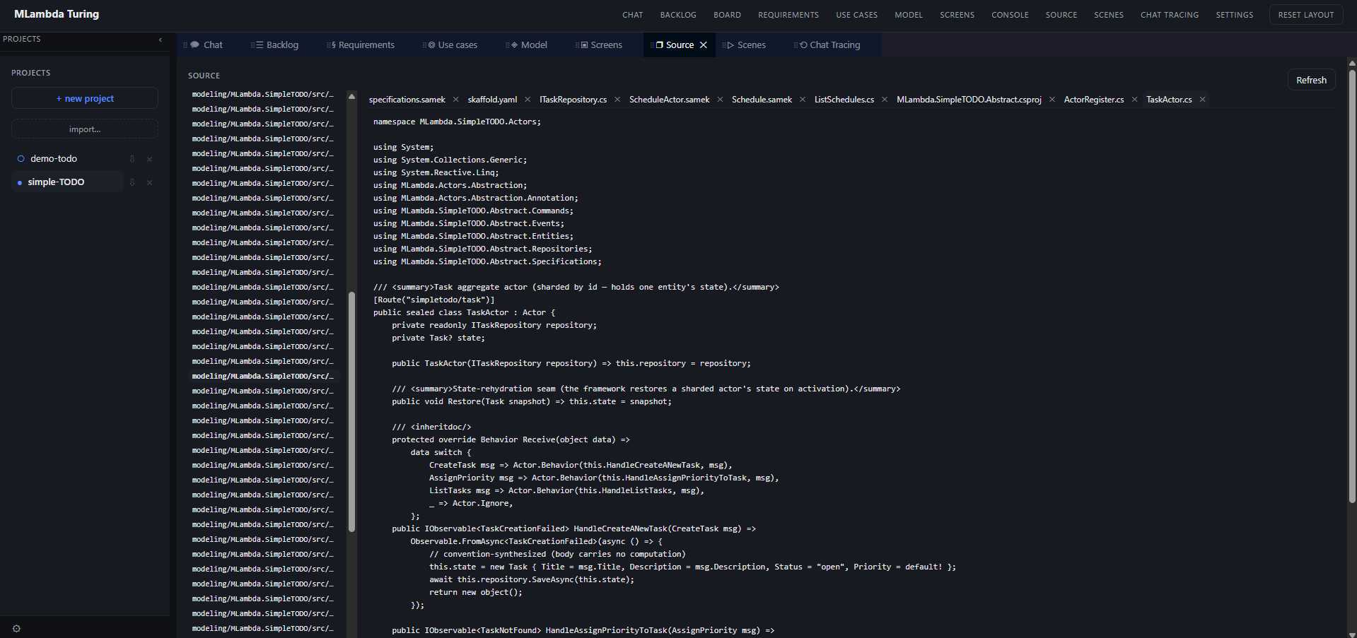 Generated source in Turing: a C# TaskActor on MLambda.Actors with a Receive behaviour switching on CreateTask, AssignPriority and ListTasks, alongside .samek specifications, a csproj and a skaffold.yaml.